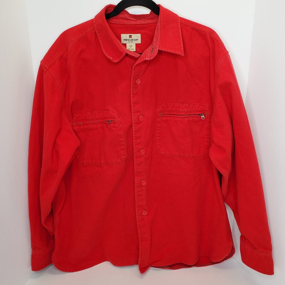 Vtg Woolrich Mens Red Button Up Shirt Jacket Shacket Sz XL Cotton Heavyweight.